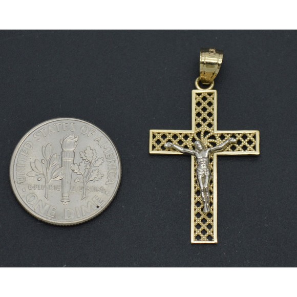 Real Solid 10K Yellow White Gold Shiny Jesus Cross Diamond Cut Pendant 1.3gr - Picture 3 of 6